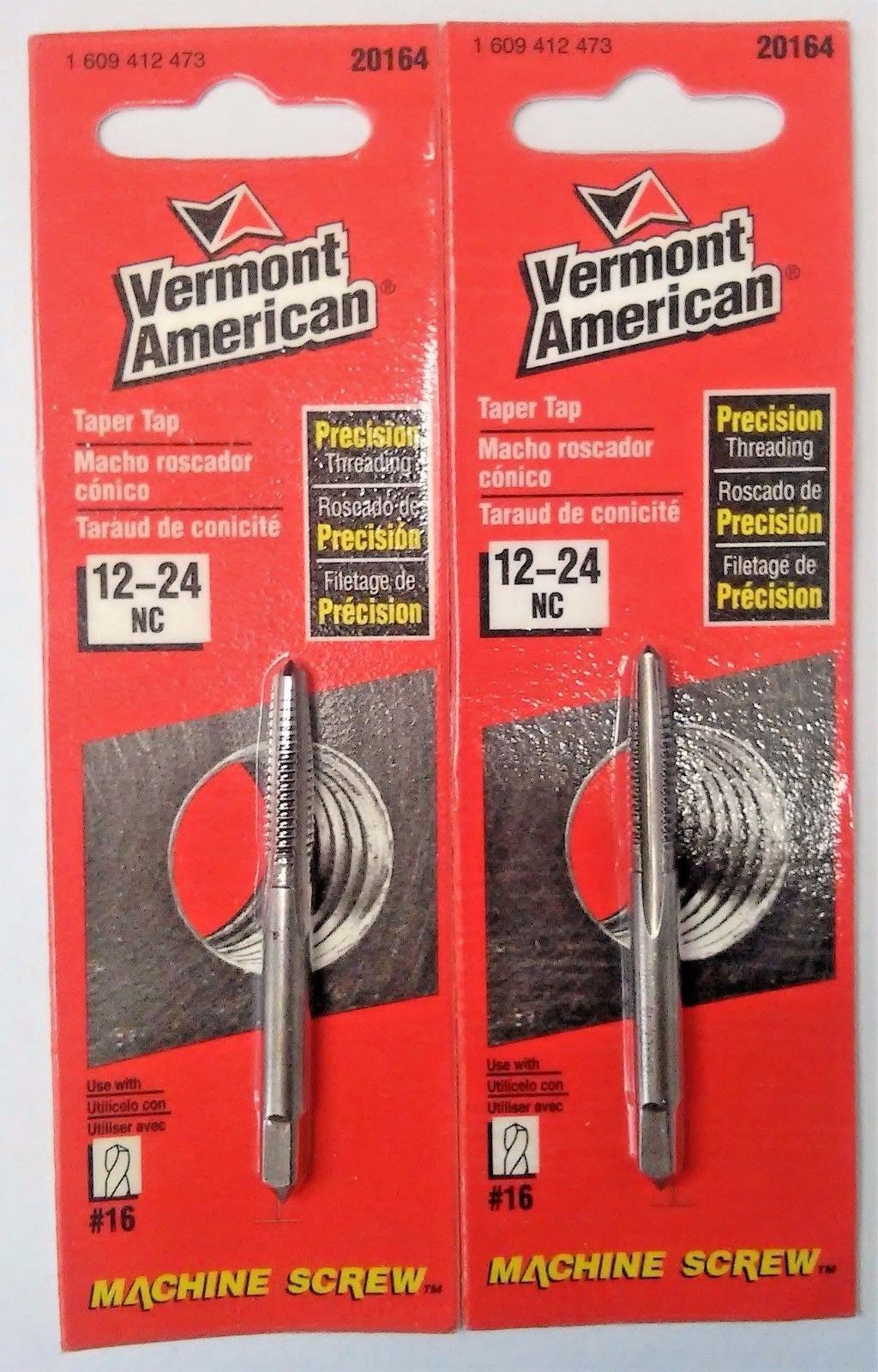 Vermont American 20164 12-24 NC High Carbon Steel Machine Screw Taper Tap 2PKS