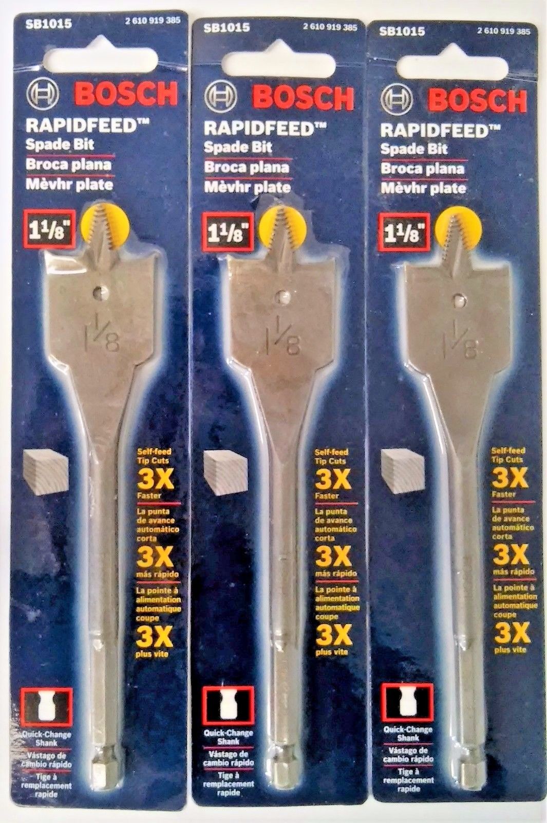 Bosch SB1015 1-1/8'' x 6'' Rapid Feed Spade Drill Bit 3PKS