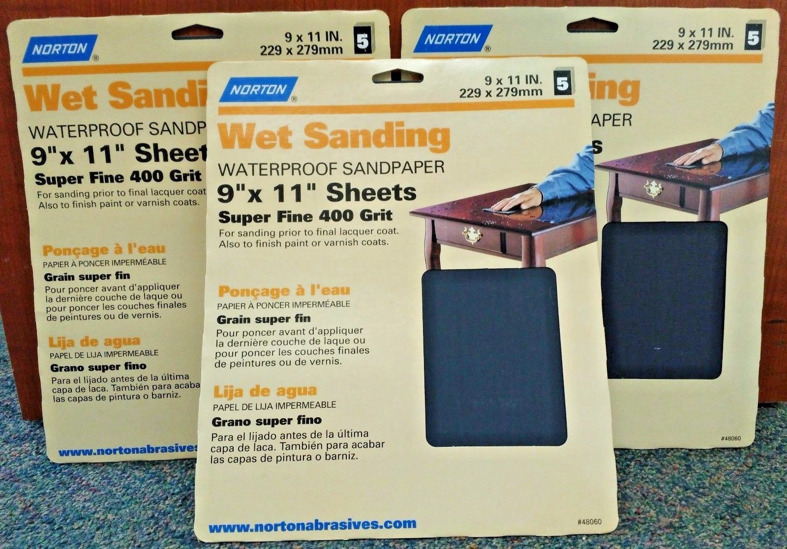 Norton 48060 9" x 11" Super Fine 400 Grit Wet Sanding Sheets USA 3PKS