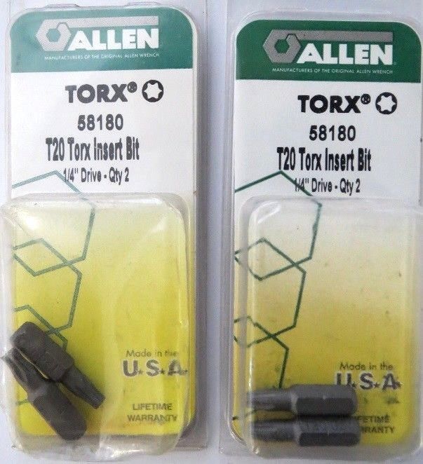 Allen 58180 2 PK T20 Torx Insert Bits 1/4" Drive 2 Packs USA
