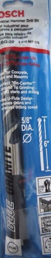 Bosch HCBG-20 5/8" X 6" Blue Granite Hammer Drill Bit Germany