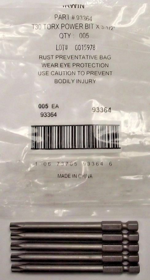 Irwin 93364 Torx Power Bit T30 1/4" Hex Drive, 3-1/2" OAL 5pcs.