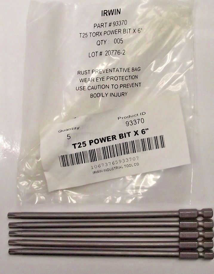 Irwin 93370 Torx Power Bit T25 1/4" Hex Drive, 6" OAL 5pcs.