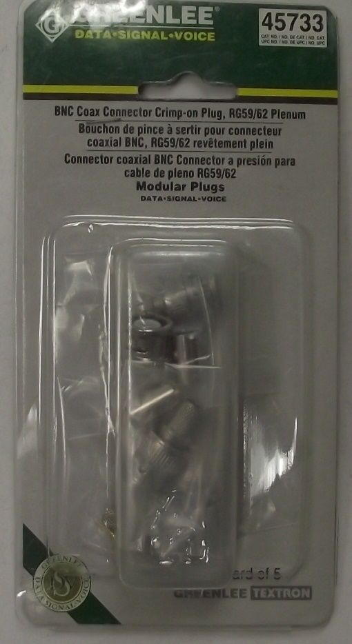 Greenlee 45733 BNC Coaxial Connector Crimp On Plugs RG59/62 5pc
