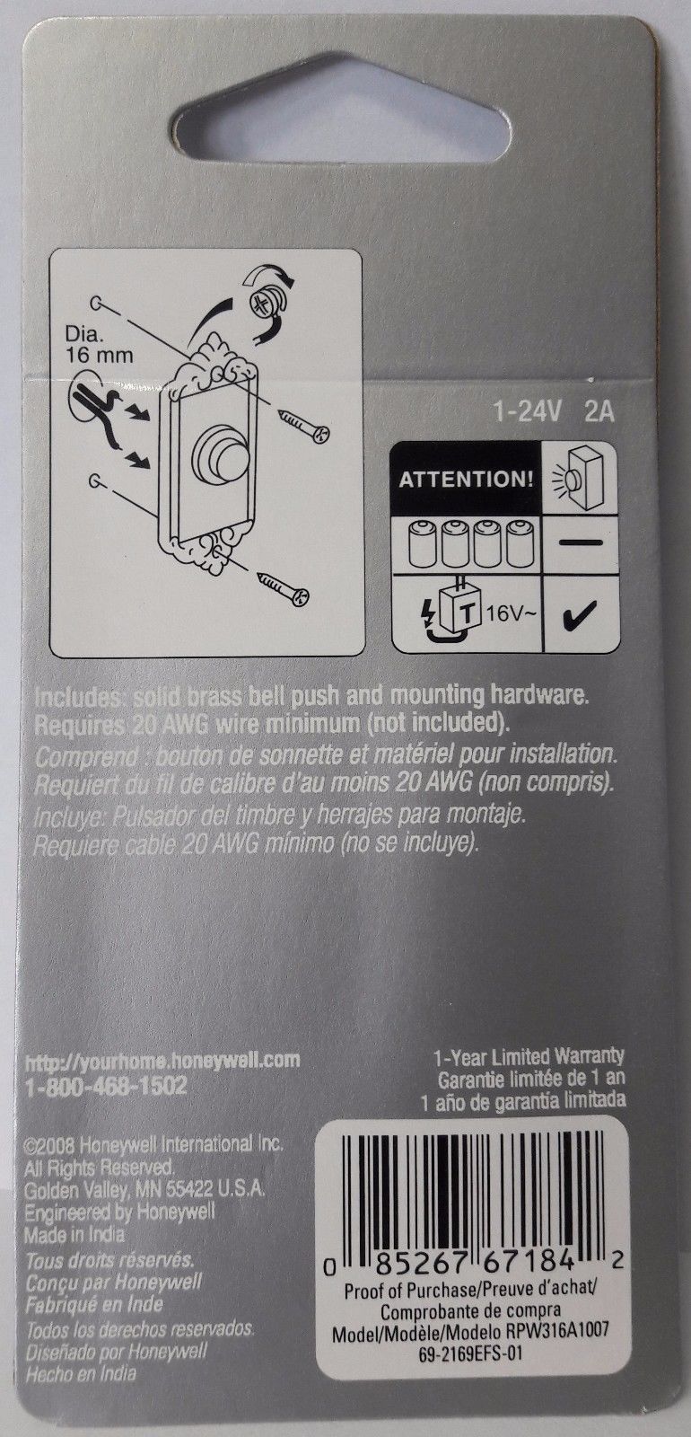 Honeywell RPW316A Brass Wired Illuminated Push Door Bell Button