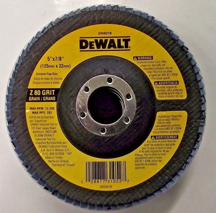 DEWALT DW8318 5" x  7/8" Z80 Grit Zirconia Flap Disc 5pcs.