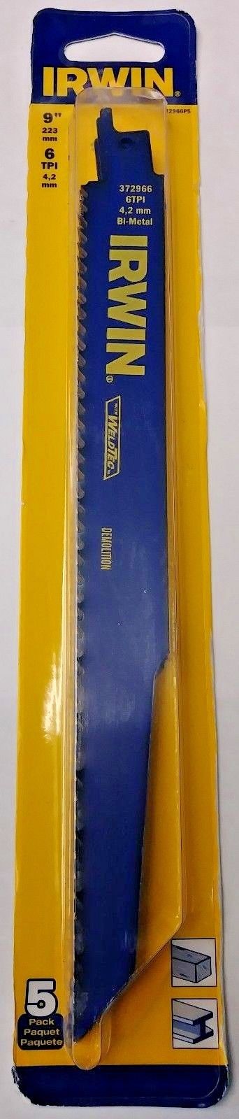 Irwin 372966P5 9" x 6T Bi-Metal Demolition Reciprocating Saw Blades 5 Pack USA