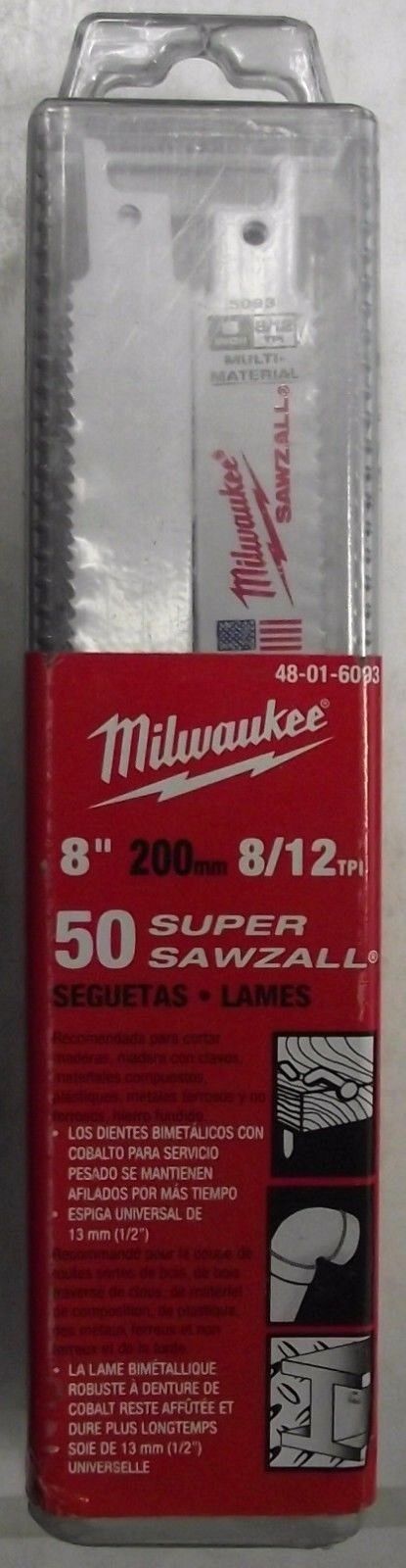 Milwaukee 48-01-6093 8" x 8/12 TPI Thin Kerf Sawzall Blades 50 Pk USA