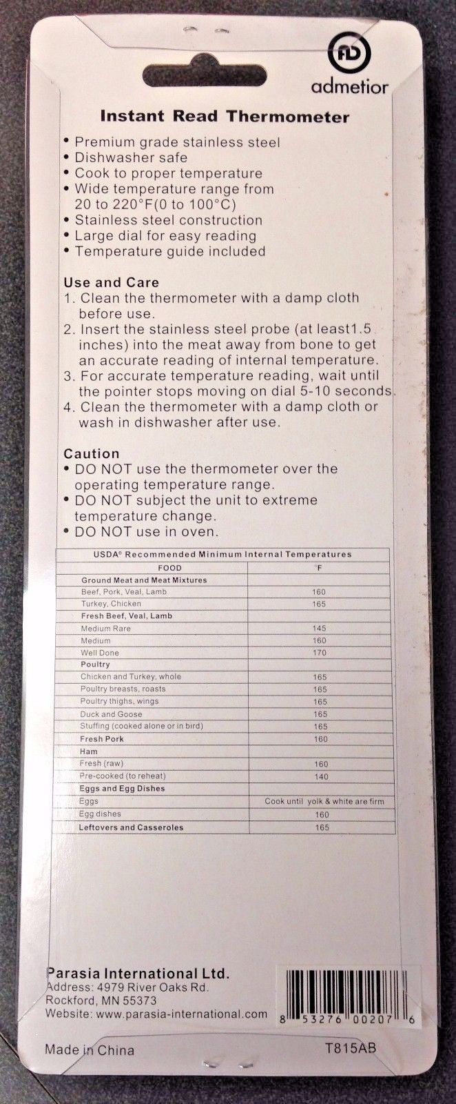 Parasia Admetior Instant Read Cooking Thermometer 781-T815AB
