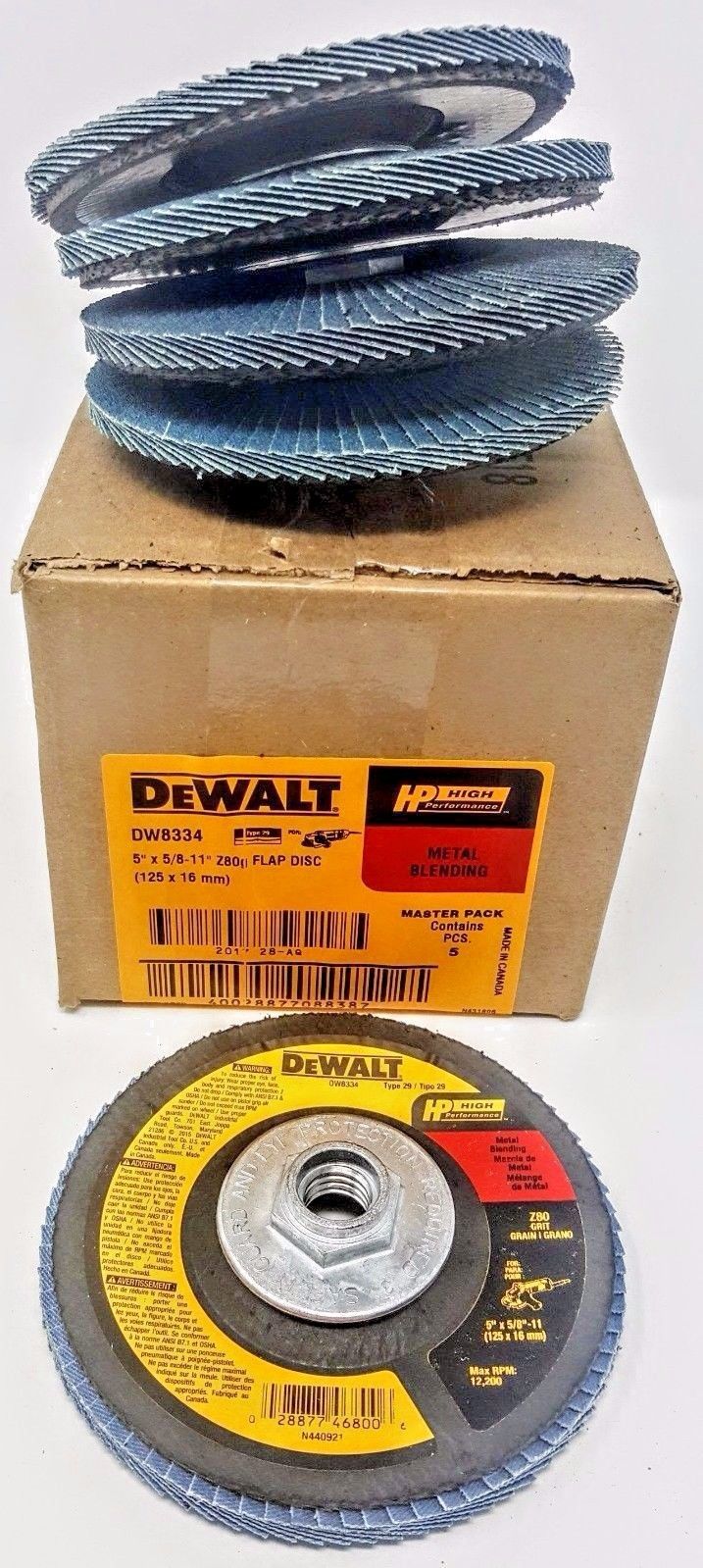 Dewalt DW8334 5" x 5/8" x 11 Hub Z80 Grit Type 29 Flap Discs 5 Pack