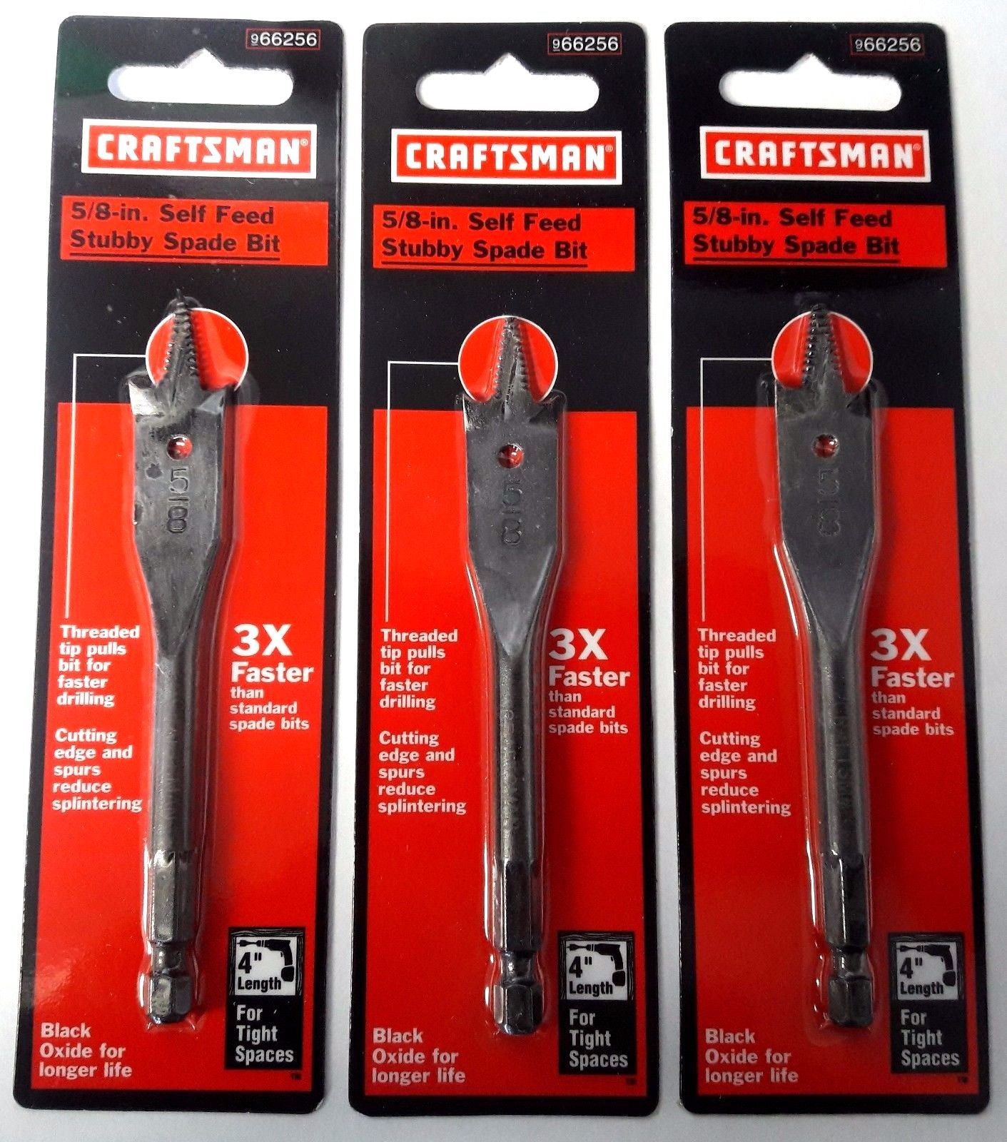 Craftsman 66256 Stubby Self Feed Spade Drill Bit 5/8" x 4" Length 3PCS