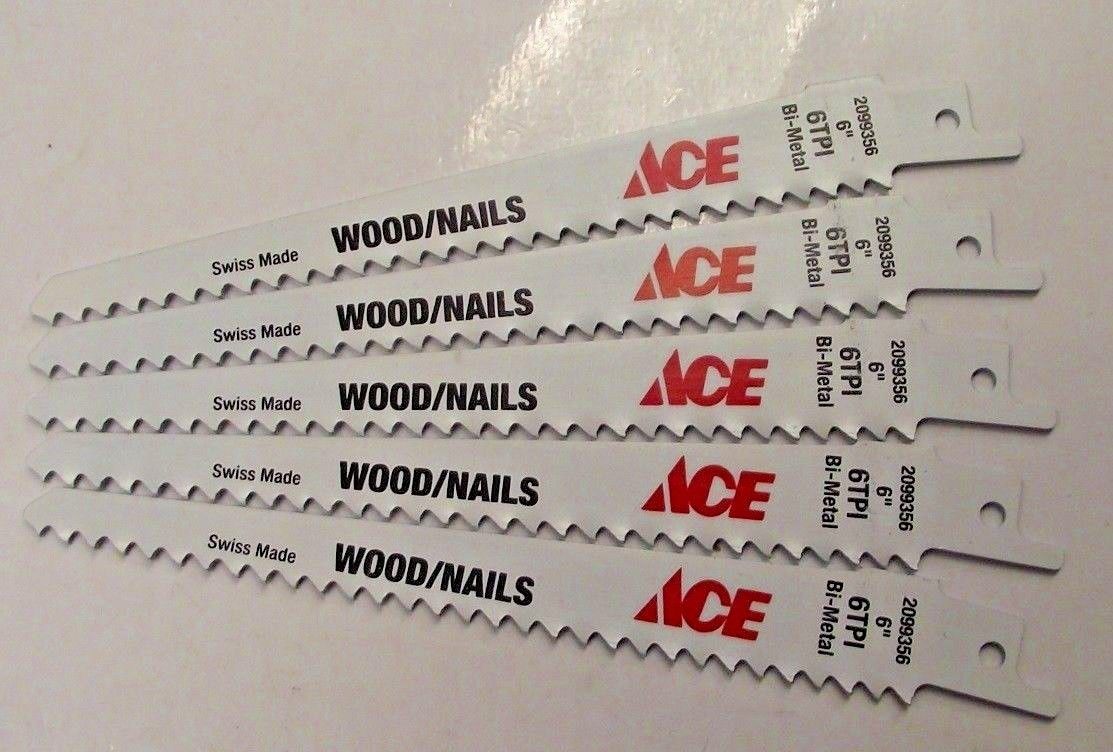 Ace 2099356 6" x 6 TPI Bi-Metal Wood/Nails Cutting Recip Saw Blade 5pcs Swiss