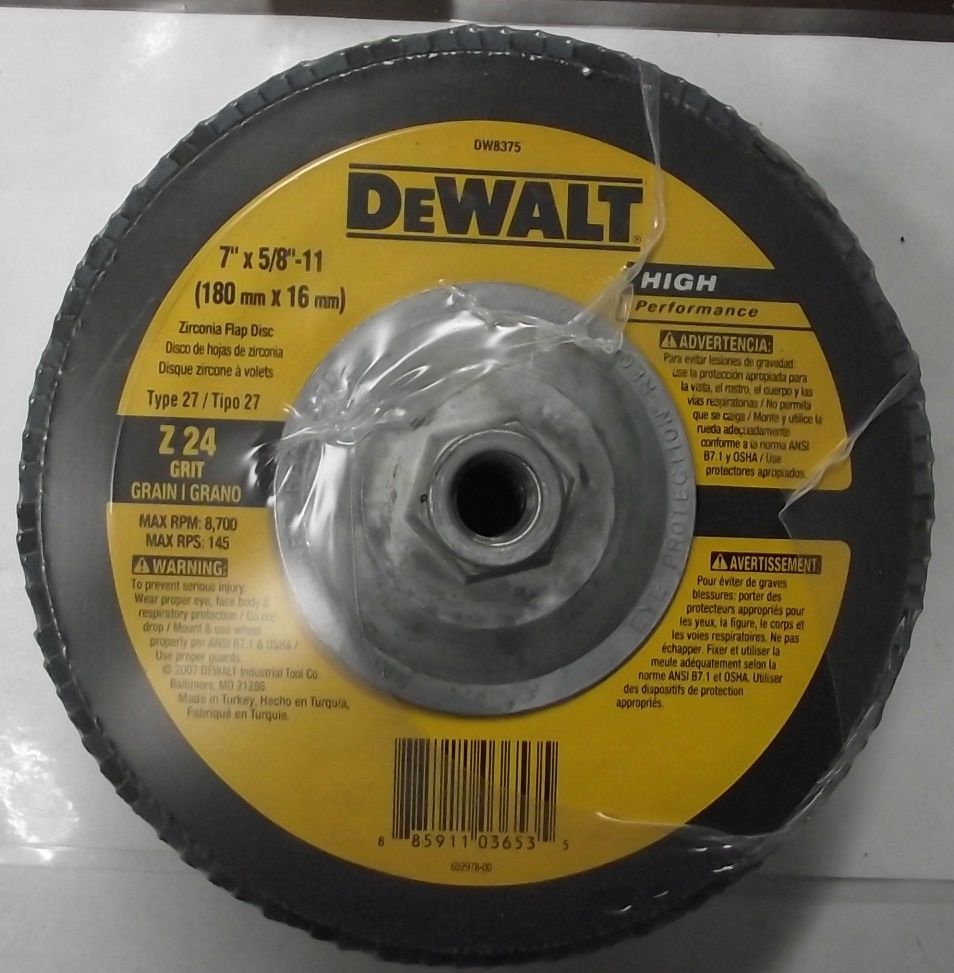 DEWALT DW8375 7" x 5/8"-11 24 Grit Type 27 HP Flap Disc 5pc