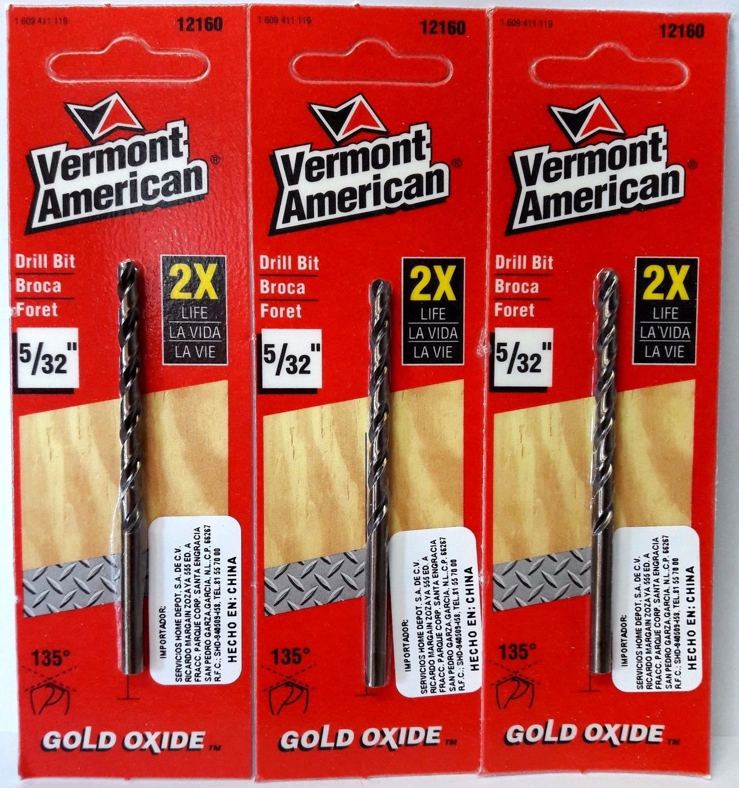 Vermont American 12160 5/32" Gold Oxide Drill Bit 3PCS