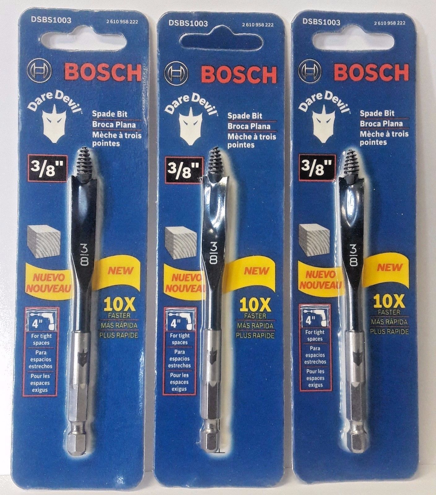 Bosch DSBS1003 3/8" x 4" Dare Devil Spade Stubby Drill Bit Carded 3PKS