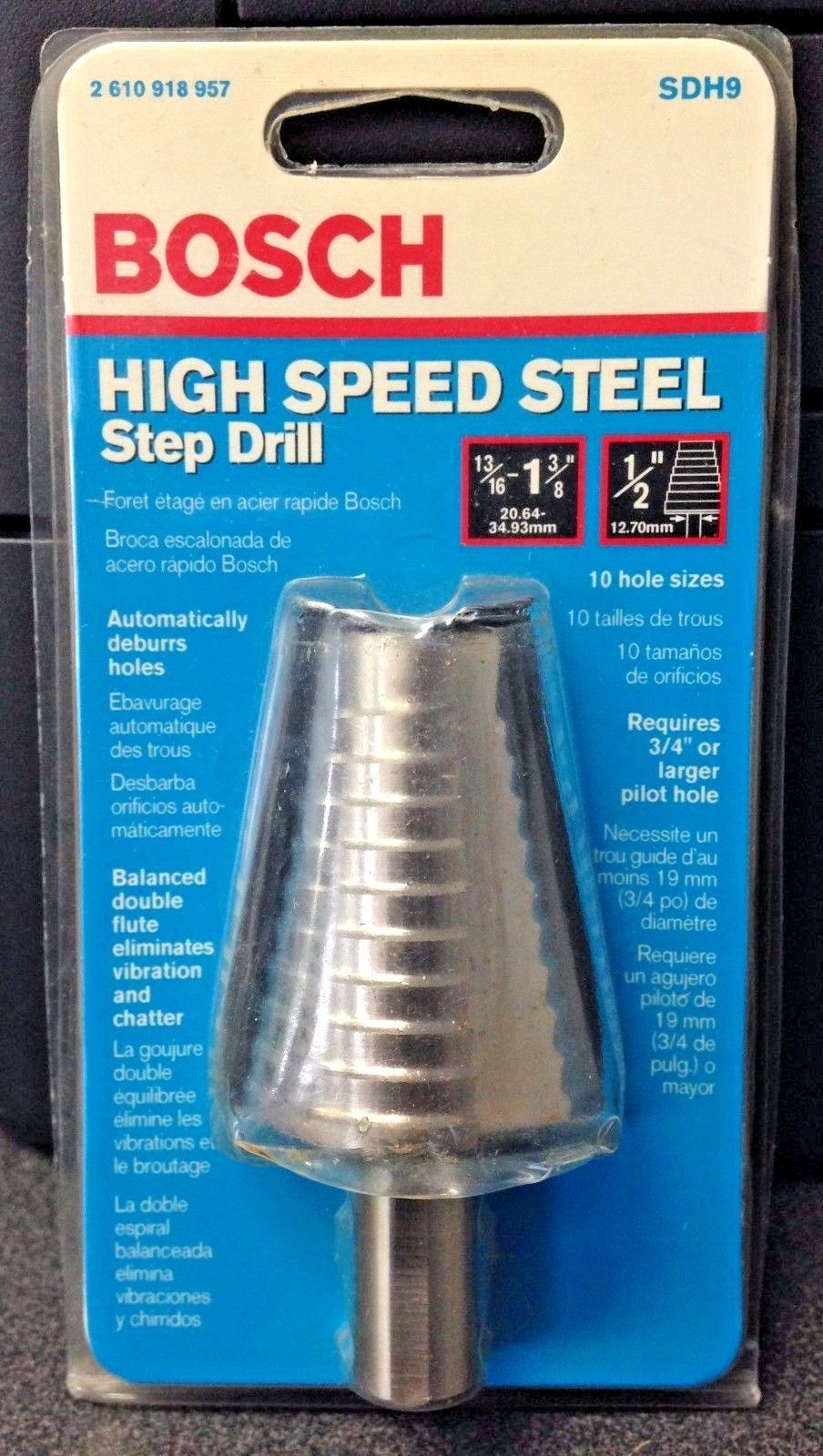 Bosch SDH9 13/16"- 1-3/8" High Speed Steel Step Drill Bit 10 Hole Sizes USA
