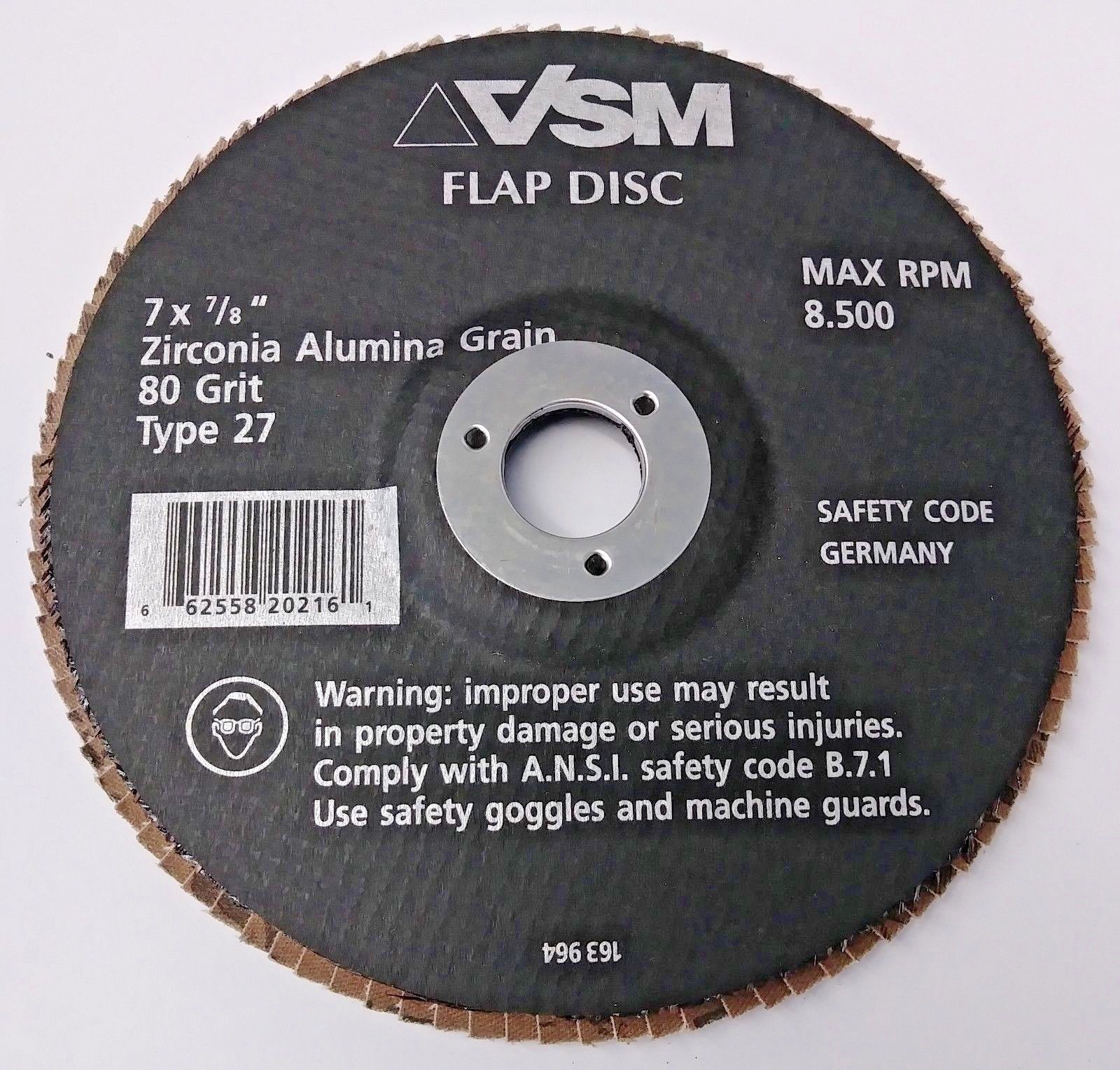 VSM 163 964 7" x 7/8" Zirconia Alumina Grain 80 Grit Type 27 Flap Disc Germany