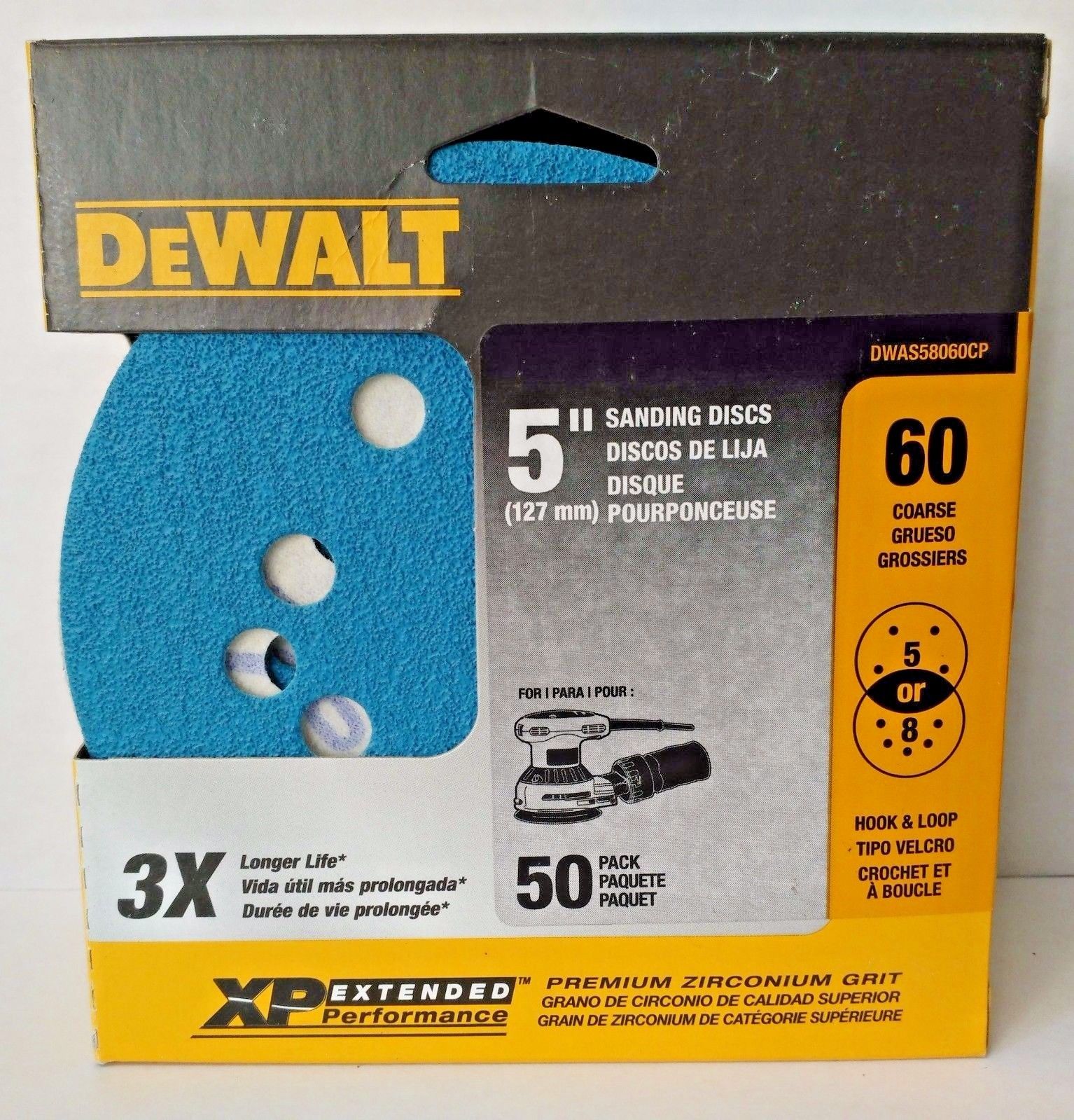 Dewalt DWAS58060CP 5" 60 Grit Zirconium Sanding Discs H&L 5 or 8 Hole 50 Pack