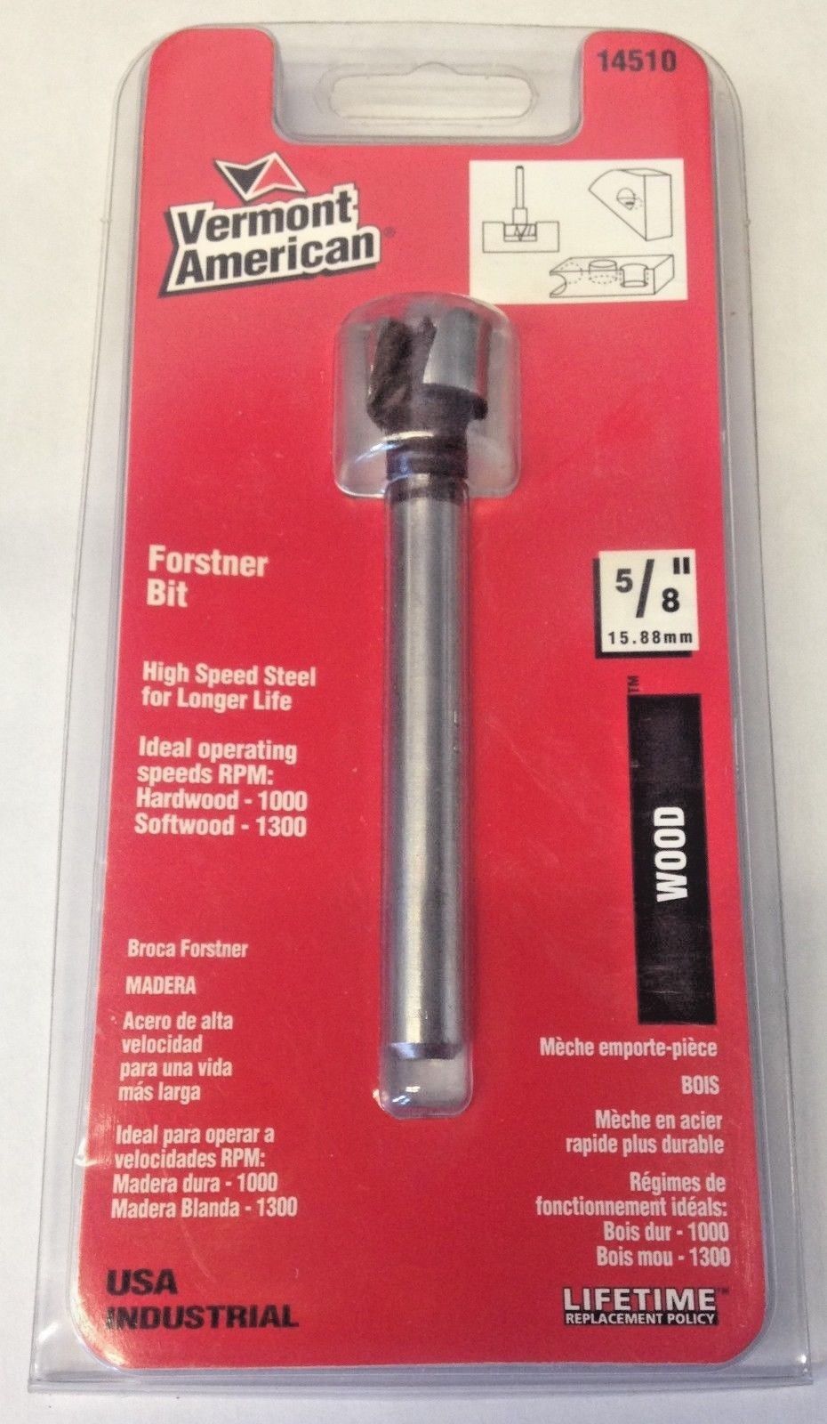 Vermont American 14510 5/8" Wood High Speed Steel Forstner Drill Bit USA