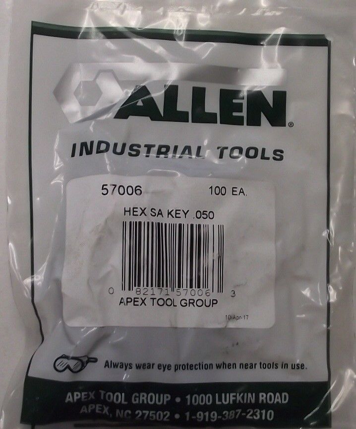 ALLEN 57006 .050" Short-Arm Hex Key Wrench L-Handle Black Oxide 100pcs. USA