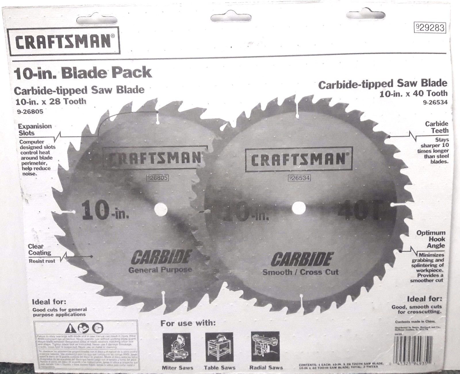 Craftsman 29283 Dyanite Carbide 10" x 40 10" x 28 Tooth Circular Saw Blade
