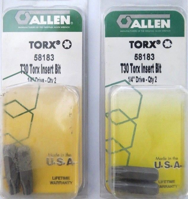 Allen 58183 2 PK T30 Torx Insert Bits 1/4" Drive 2 Packs USA