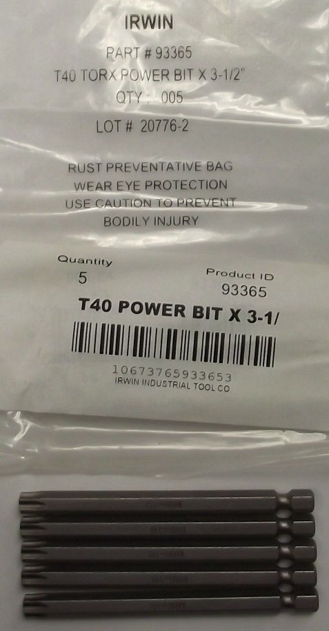 Irwin 93365 Torx Power Bit T40 1/4" Hex Drive, 3-1/2" OAL 5pcs.
