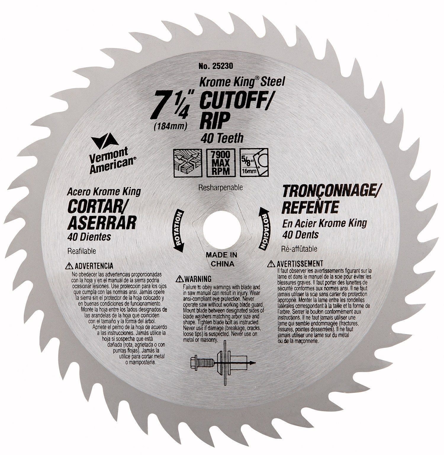 Vermont American 25230 7-1/4" 40T Krome King Cutoff / Ripping Circular Saw Blade