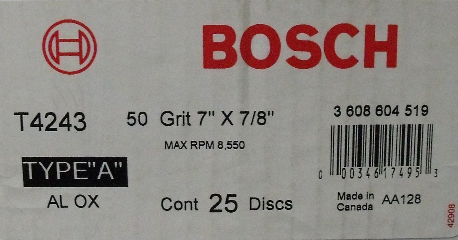 Bosch T4243 7" AO Fiber Resin Sanding Disc 50 Grit 25-pack 7/8" Arbor Canada