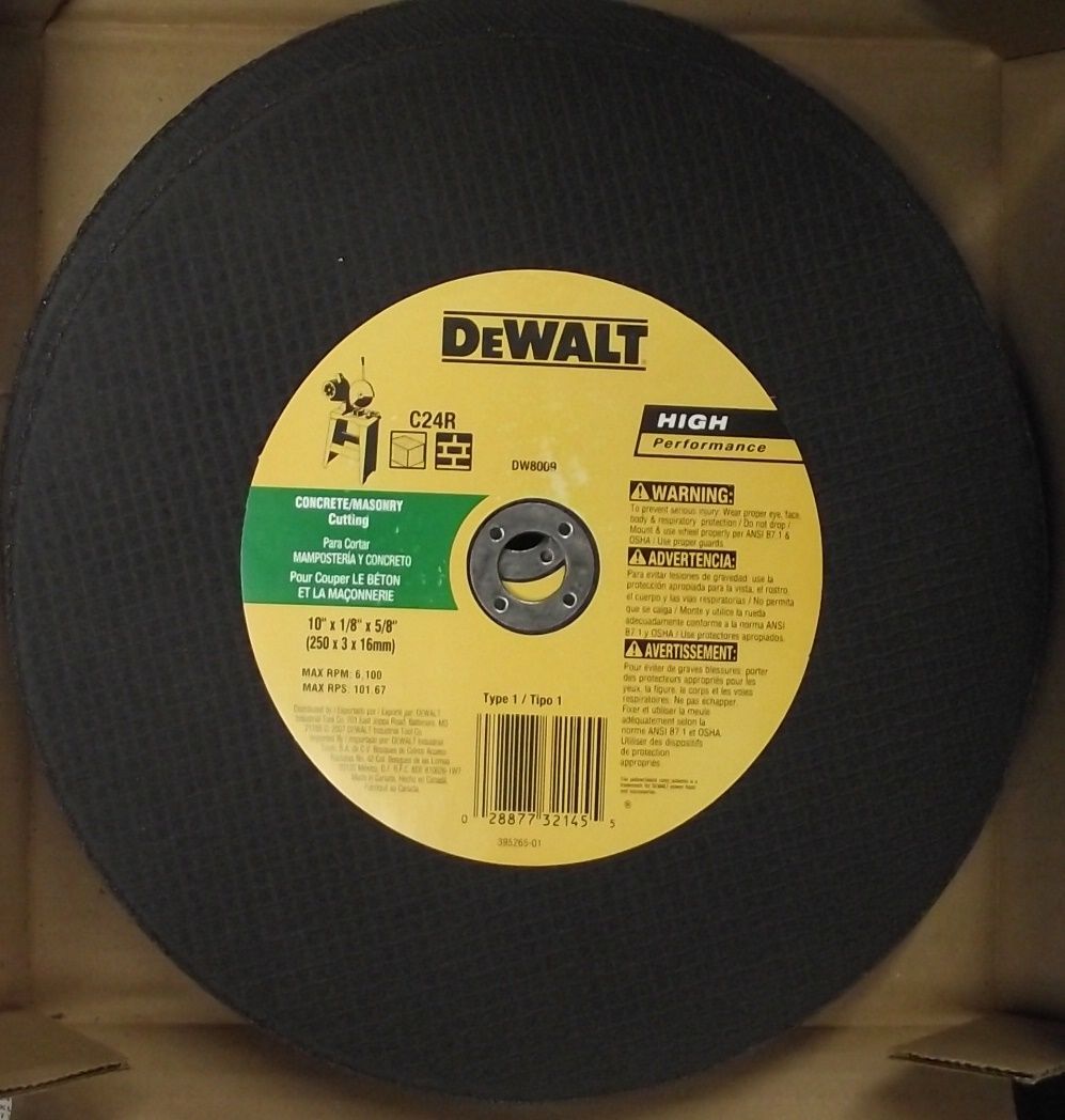 Dewalt DW8009 Concrete Cut Chop Saw Wheel 10" X 1/8" X 5/8" Cutoff Wheels 10pcs.
