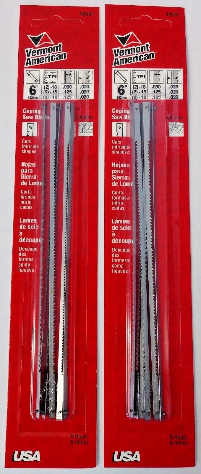 Vermont American 48581 6-1/2" Assorted Teeth Coping Saw Blades 2 Packs of 6 USA