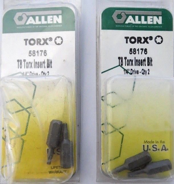 Allen 58176 2 Pack T8 Torx Insert Bits 1/4" Drive 2 Packs USA