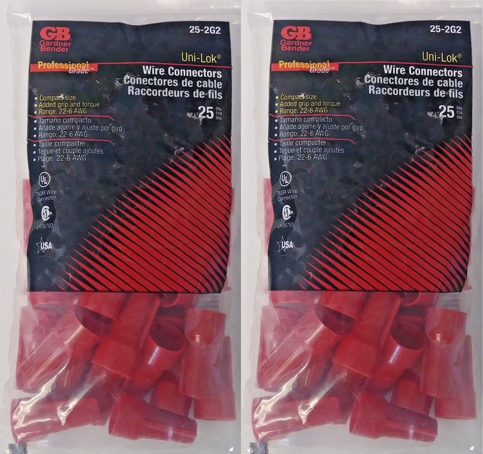 Gardner Bender 25-2G2 Uni-Lok Red Wire Connectors 22-6 AWG USA (2 Packs of 25)
