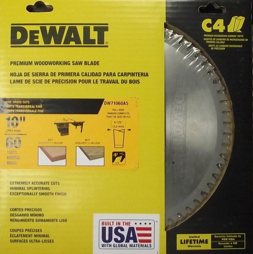 Dewalt DW71060A5 10" x 60 Tooth Premium Woodworking Saw Blade USA