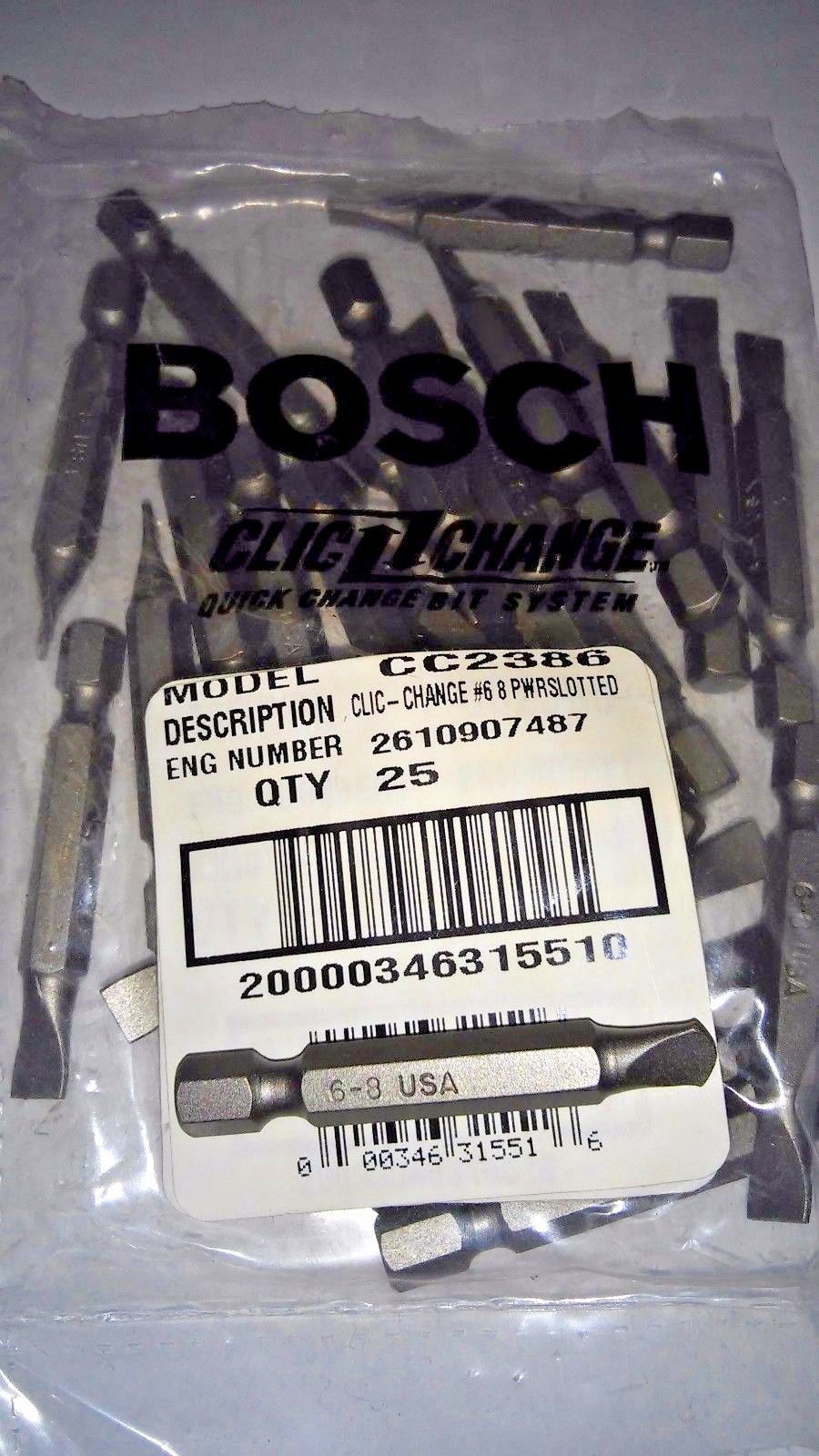Bosch CC2386 #6 -8 Slotted Power Screw Bit Tips 25pcs. USA