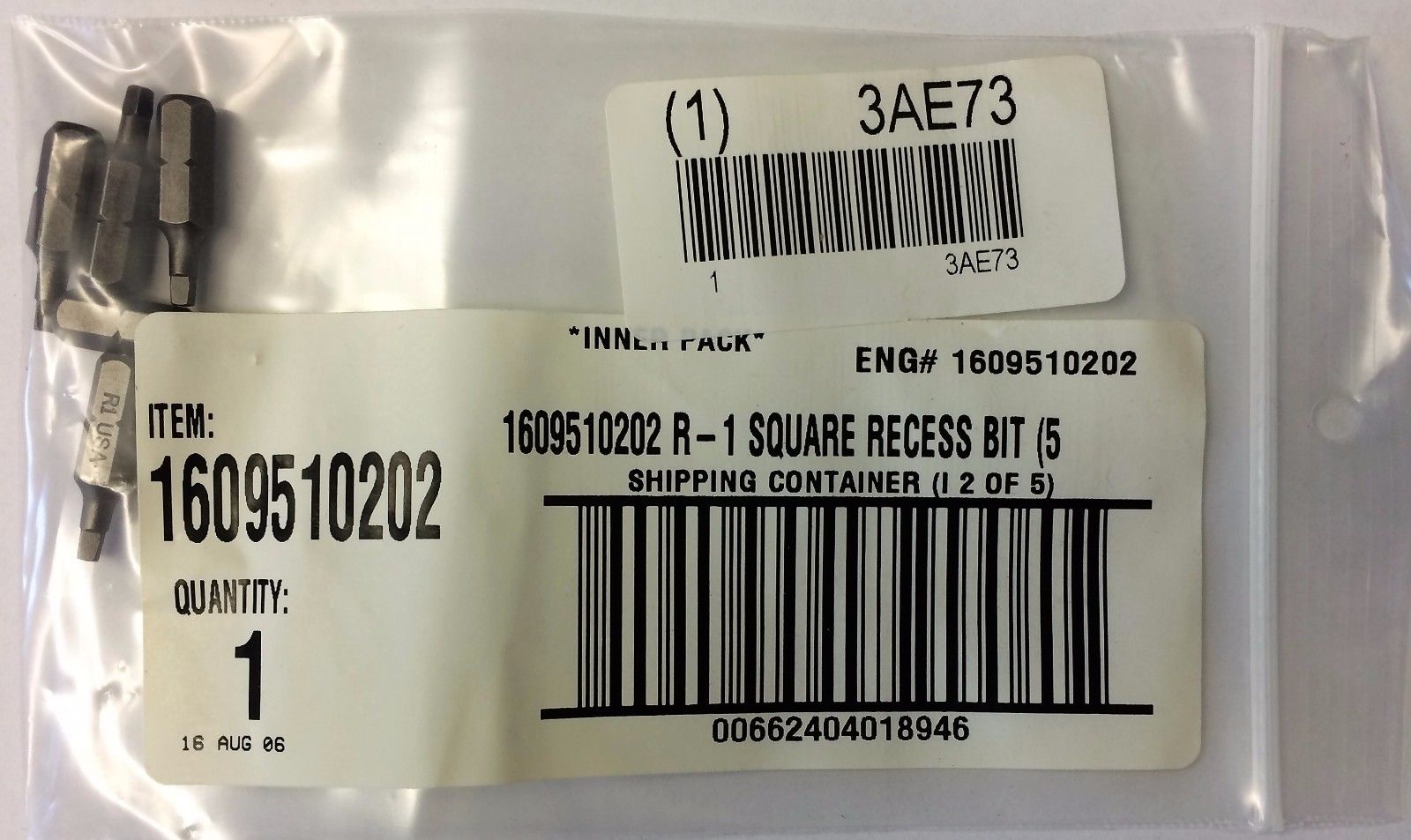 Bosch #1 x 1" Square Recess Bit 15pcs. USA 1609510202