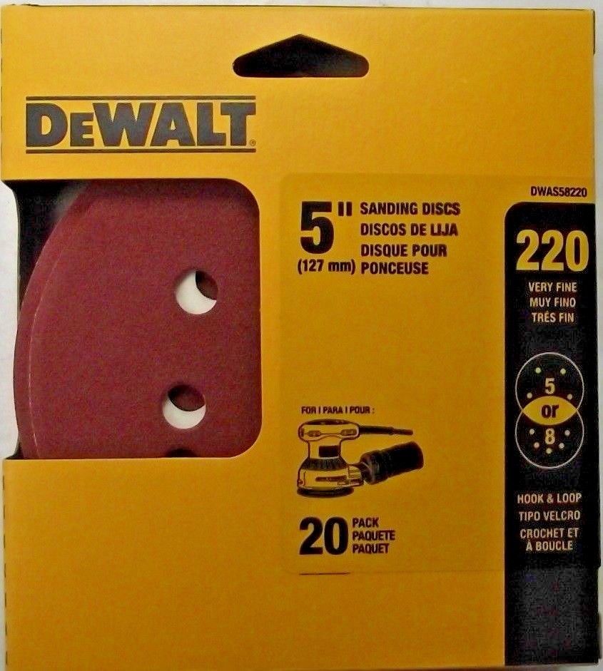 Dewalt DWAS58220 5" 220 Grit Sanding Discs 5 or 8 Hole H&L Backing 20 Pack