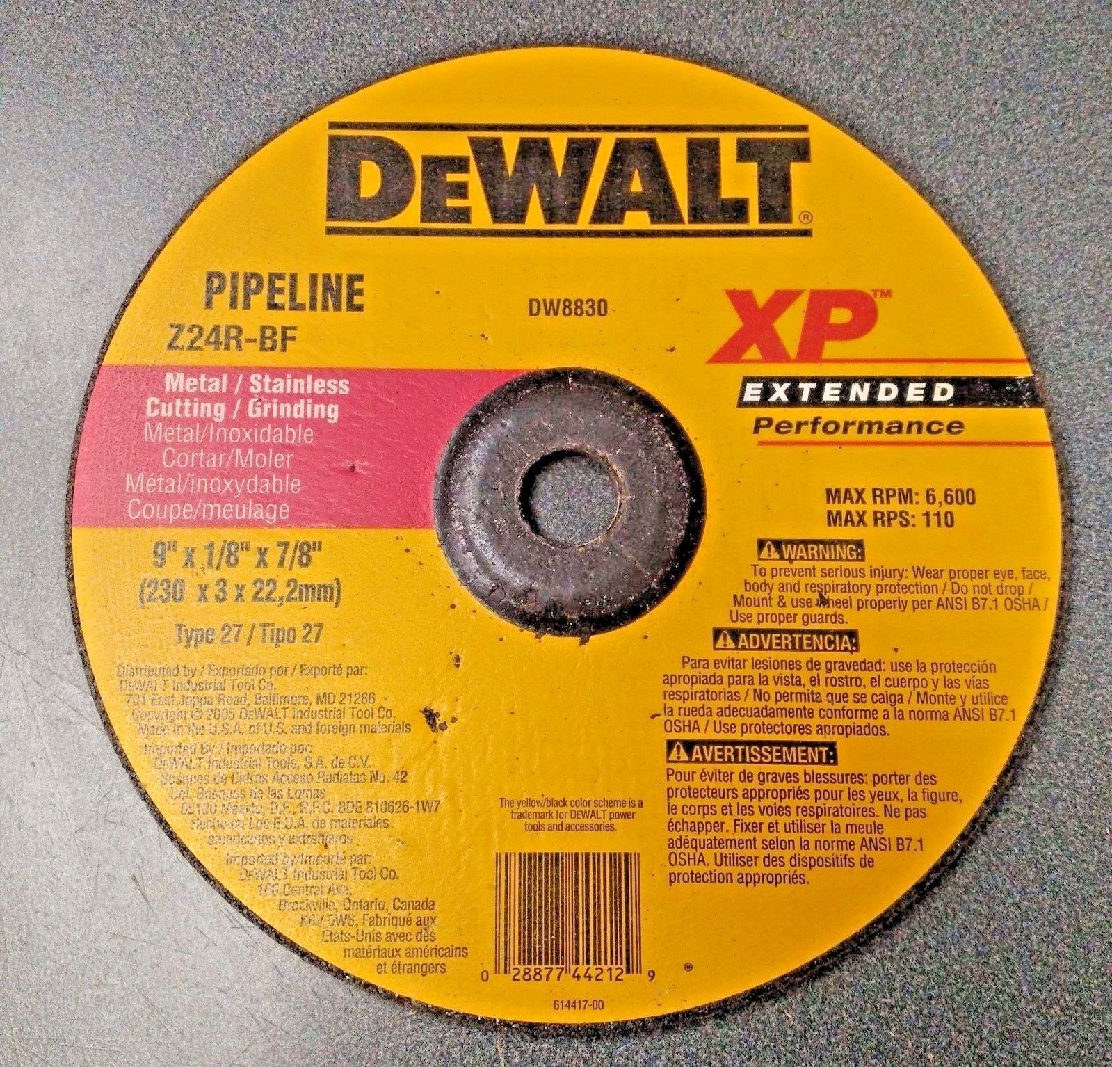 DeWalt DW8830 9" 1/8" 7/8" T27 Pipeline Grinding Wheel