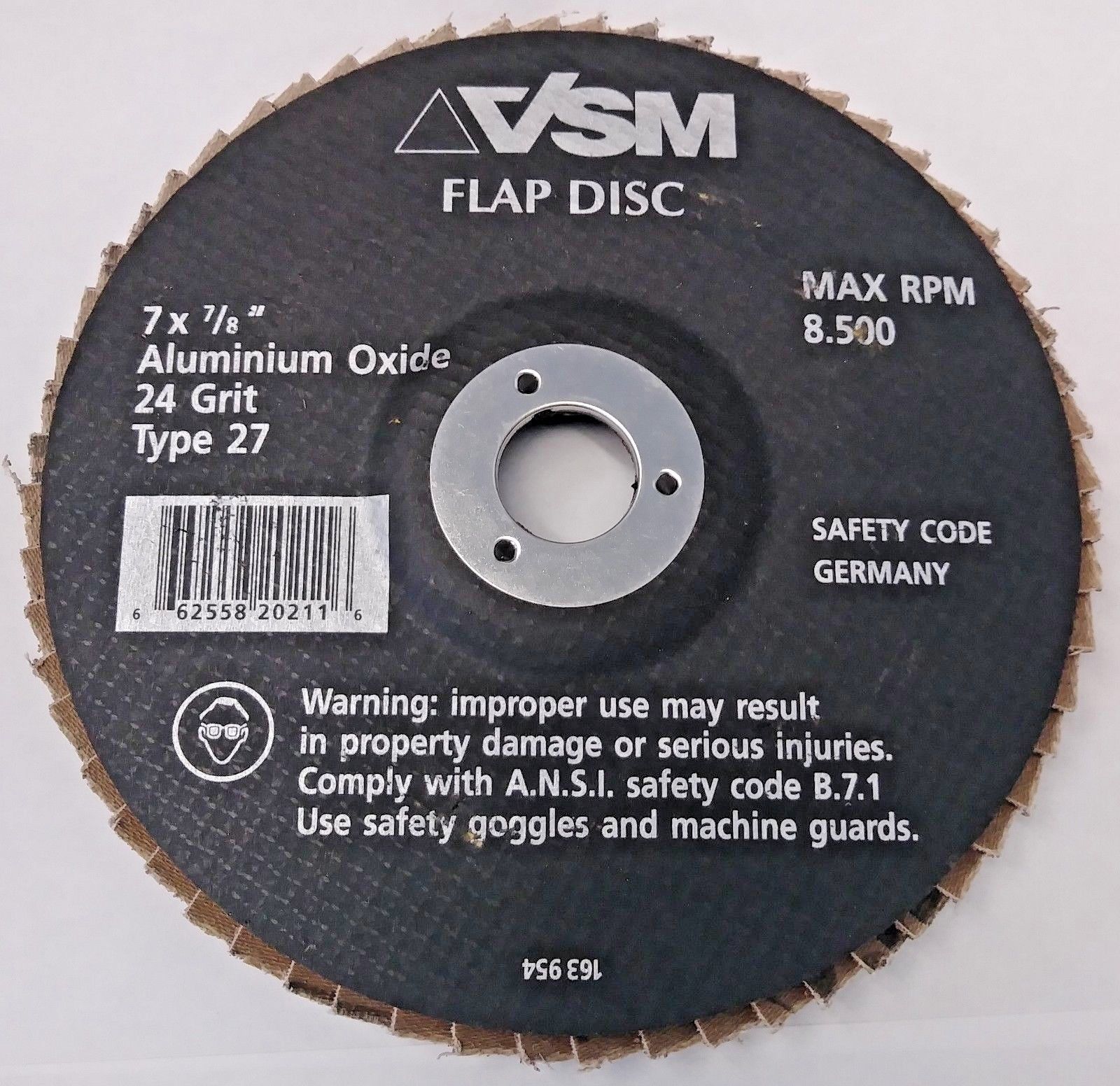 VSM 163 954 7" x 7/8" Aluminum Oxide 24 Grit Type 27 Flap Disc Germany