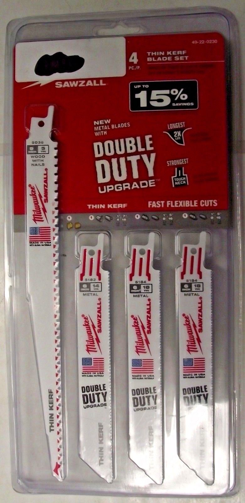 Milwaukee 49-22-0230 4 pk 18 & 14 TPI Bi-Metal Sawzall Blade Set USA