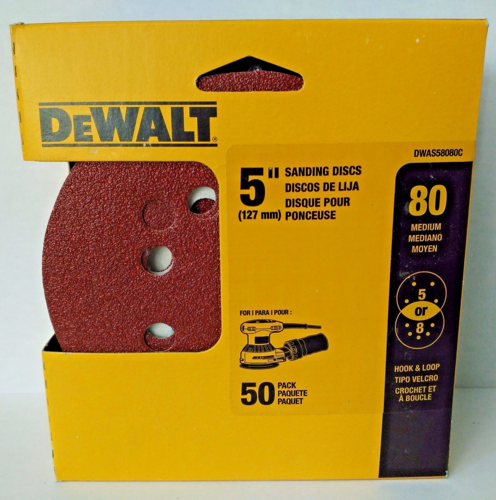 Dewalt DWAS58080C 5" 80 Grit Sanding Discs H&L 5 or 8 Hole 50 Pack