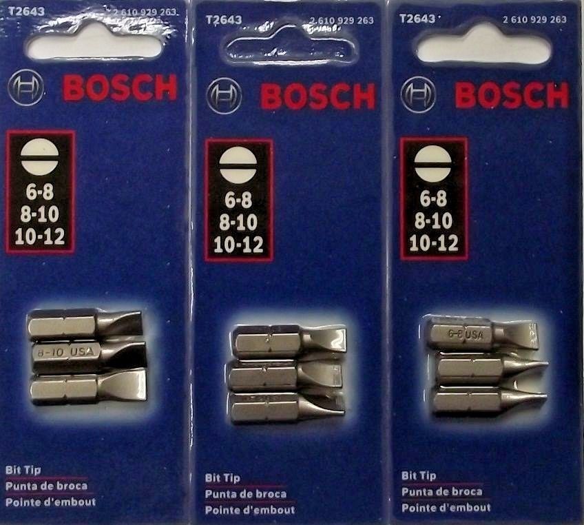 Bosch T2643 3 pc. Slotted Bit Tips 3-3 Packs 6-8, 8-10, 10-12 USA