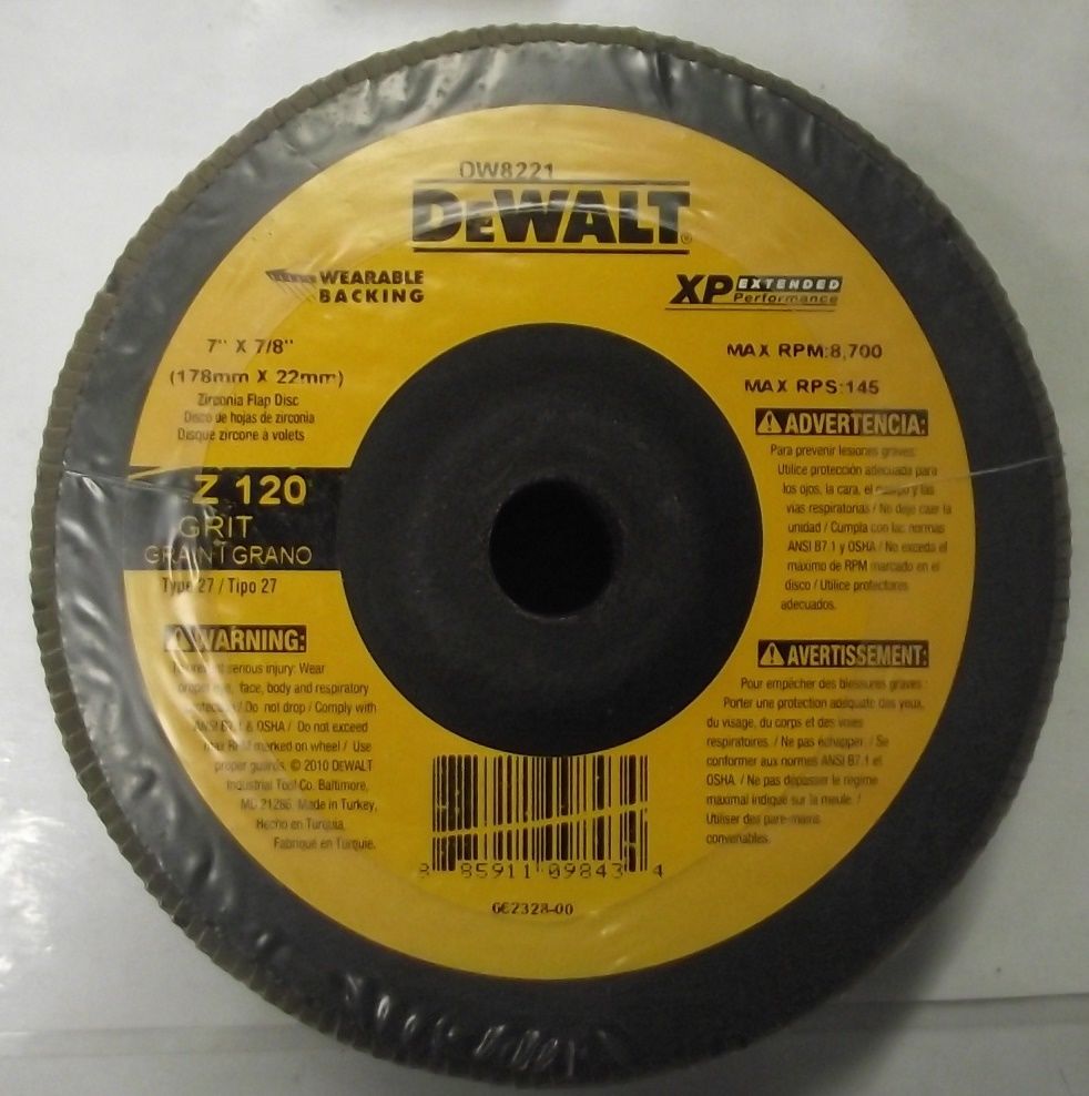 DEWALT DW8221 7" x 7/8"  Z120 Grit Type 27 XP Flap Disc 5pc