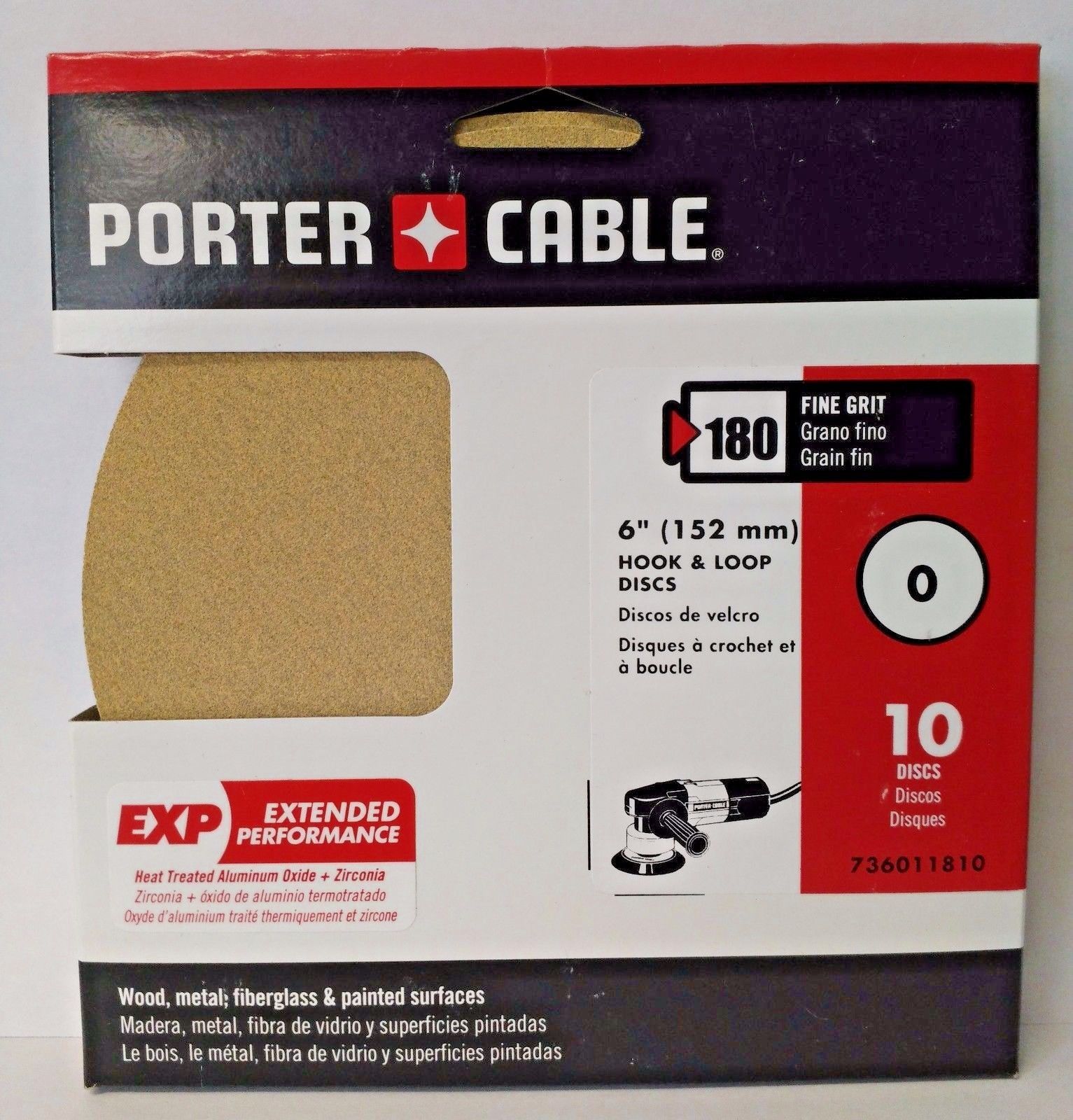 Porter Cable 736011810 6" Hook & Loop No Hole 180 Grit Sandpaper 10 Discs