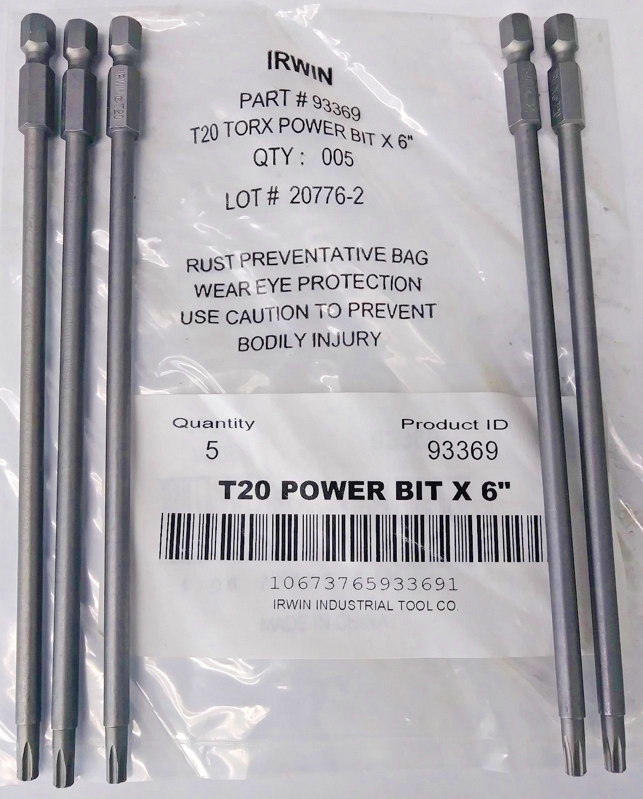 Irwin 93369 T20 Torx Power Bits 1/4" Hex Drive 6" OAL 5 Pack