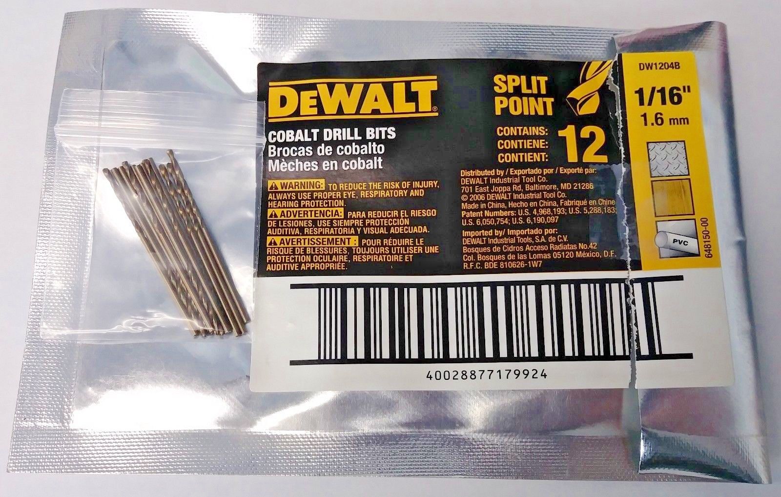 Dewalt DW1204B 1/16" Split Point Cobalt Drill Bits 12 Pack (Bulk)