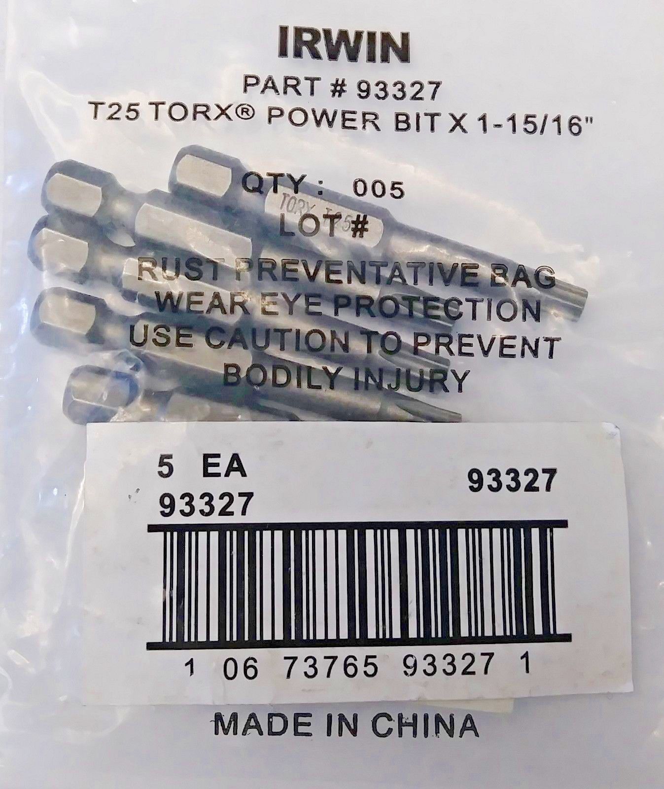 Irwin 93327 T25 Torx Power Bit x 1-15/16" 5 Pack