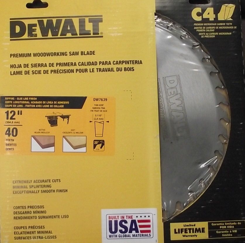 DEWALT DW7639 12' x 40 FTG Glue Line Rip Saw Blade 20-Degree Rake USA