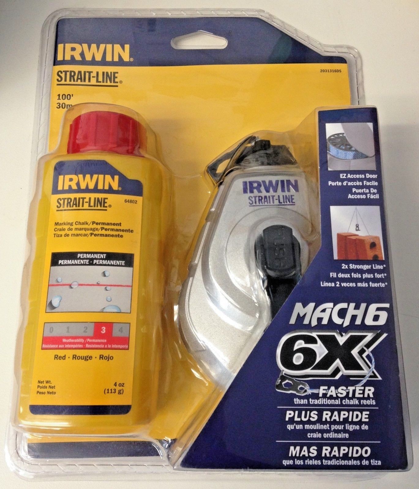 Irwin Straight-Line 2031316DS Mach6 100' Chalk Reel & 4 oz Marking Chalk