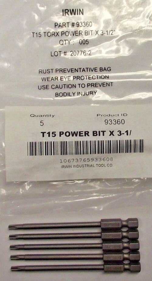 Irwin 93360 Torx Power Bit T15 1/4" Hex Drive, 3-1/2" OAL 5pcs.